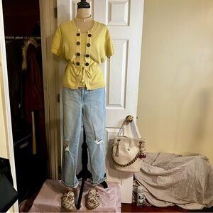 Vintage Kasper Cotton Knit Scalloped Short Sleeve Button Cottage-core Sweater XL